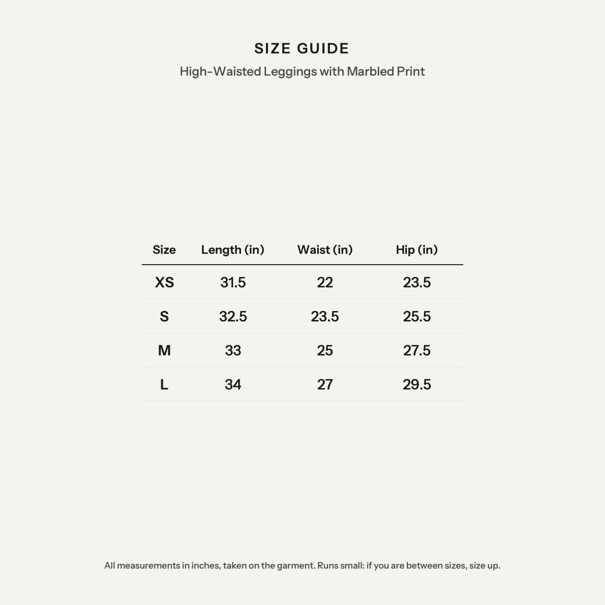 High-Waisted Leggings with Marbled Print - size guide