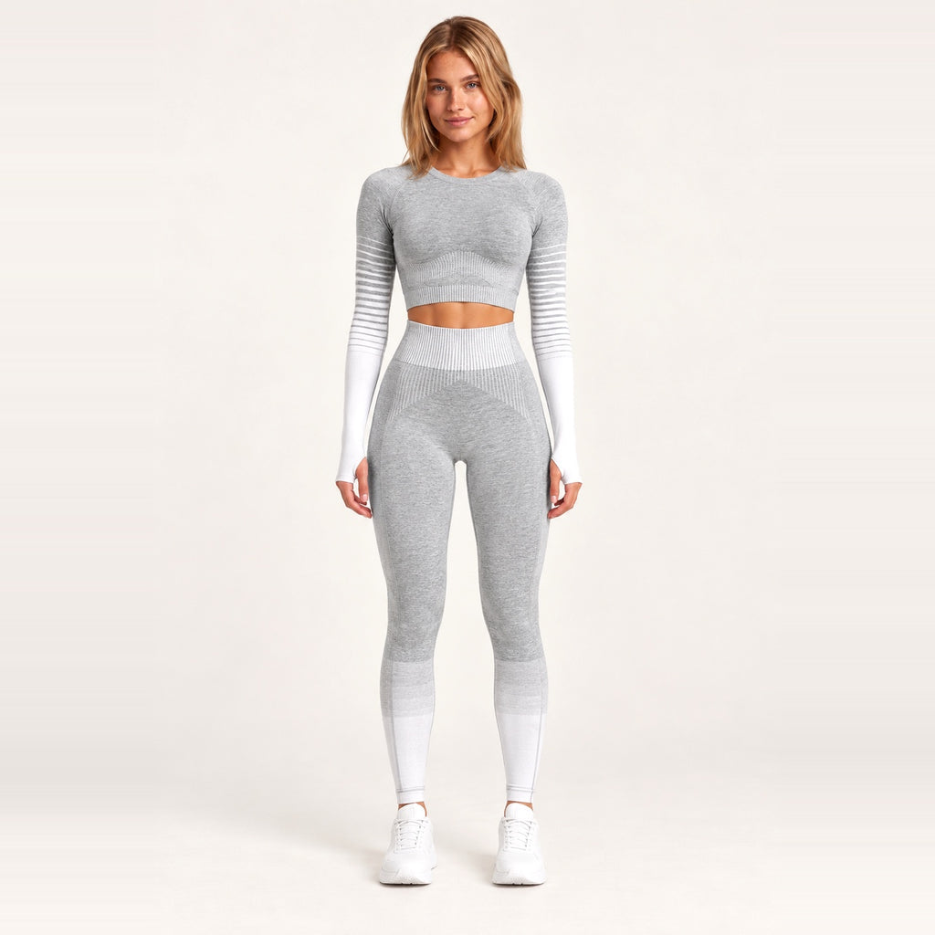 Striped Sleeve Crop Top and Two-Tone Leggings Set - White Gray