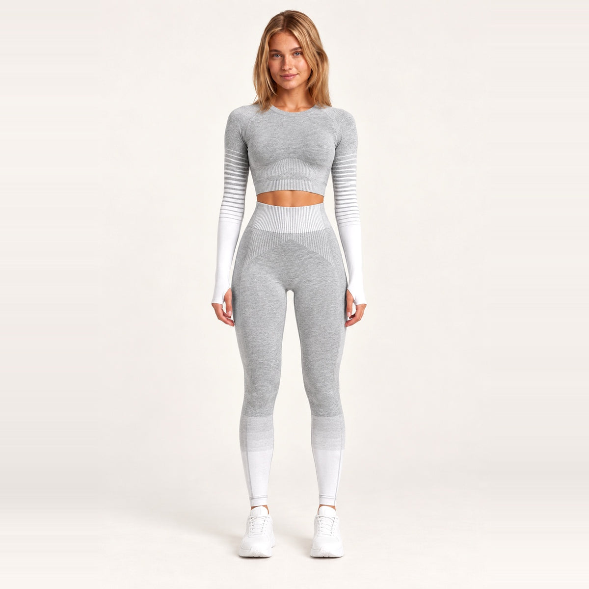Striped Sleeve Crop Top and Two-Tone Leggings Set - White Gray