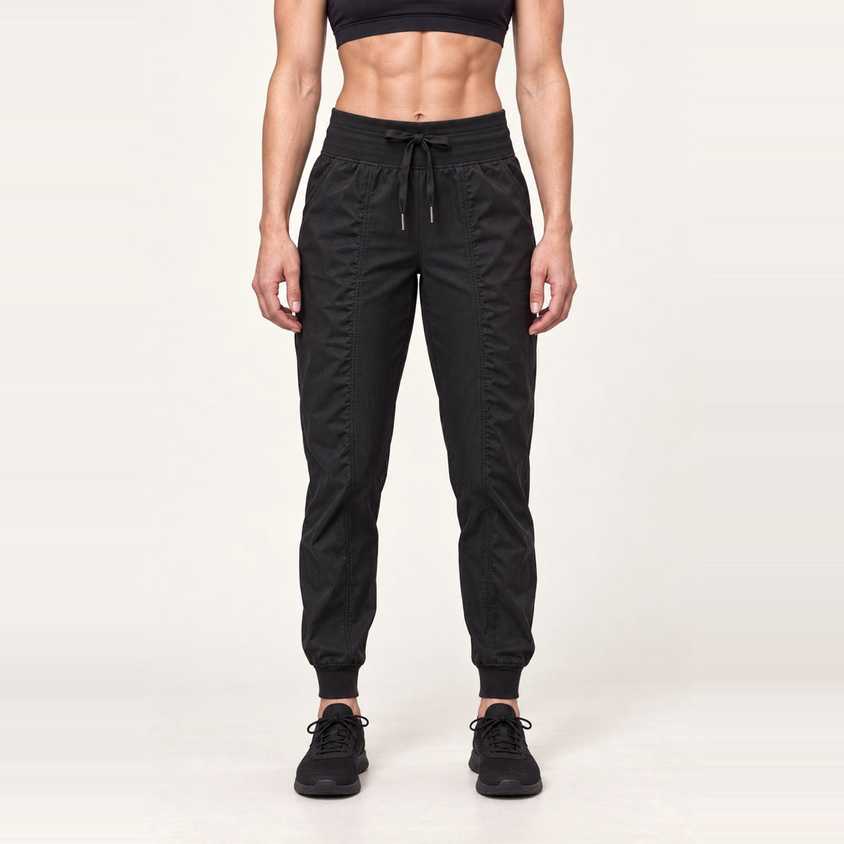 Drawstring Joggers with Side Pockets and Ribbed Cuffs - Black