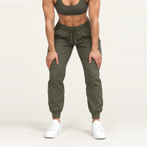 Drawstring Joggers with Side Pockets and Ribbed Cuffs - Olive