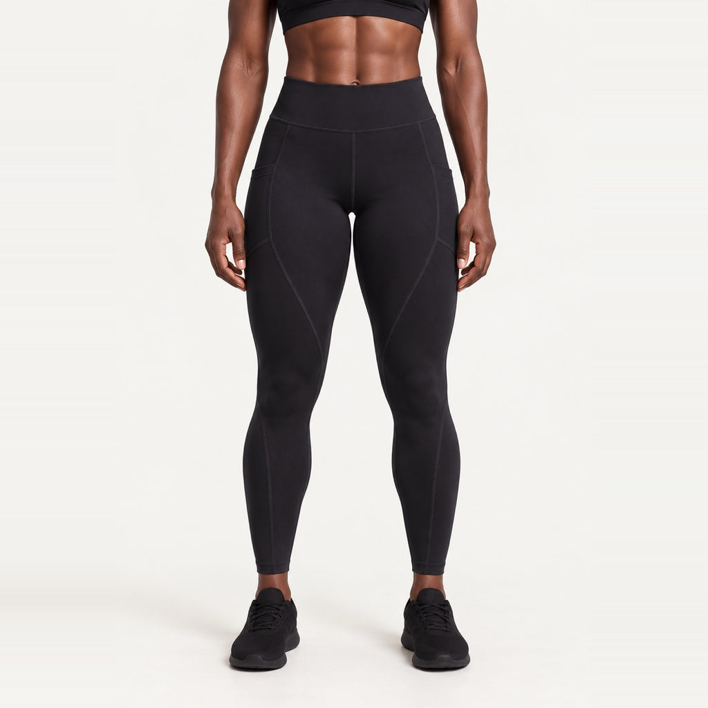 High-Waisted Pocket Leggings with Curved Seams - Black