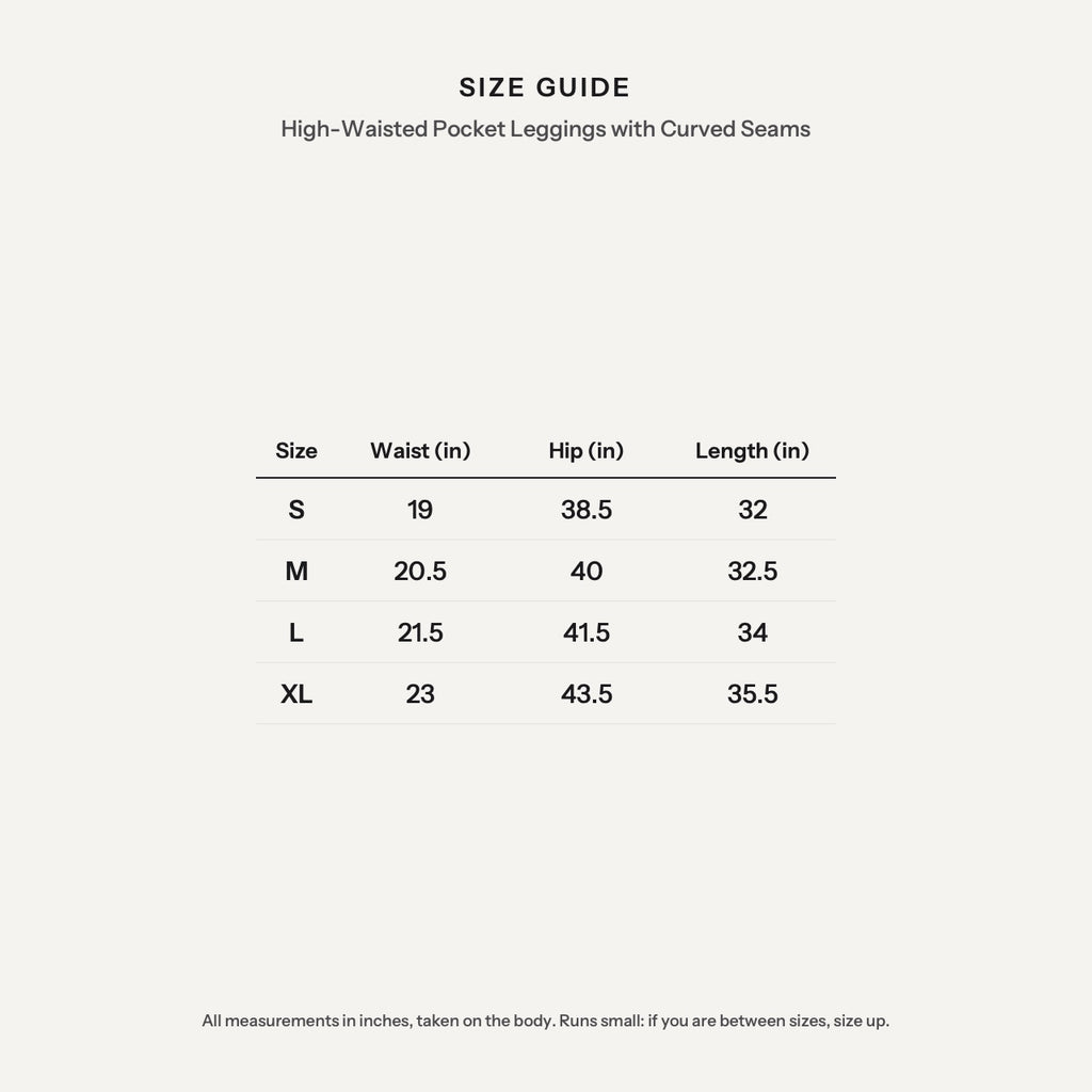 High-Waisted Pocket Leggings with Curved Seams - size guide