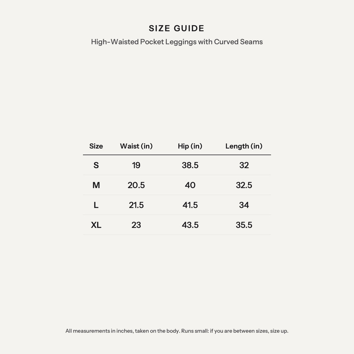 High-Waisted Pocket Leggings with Curved Seams - size guide