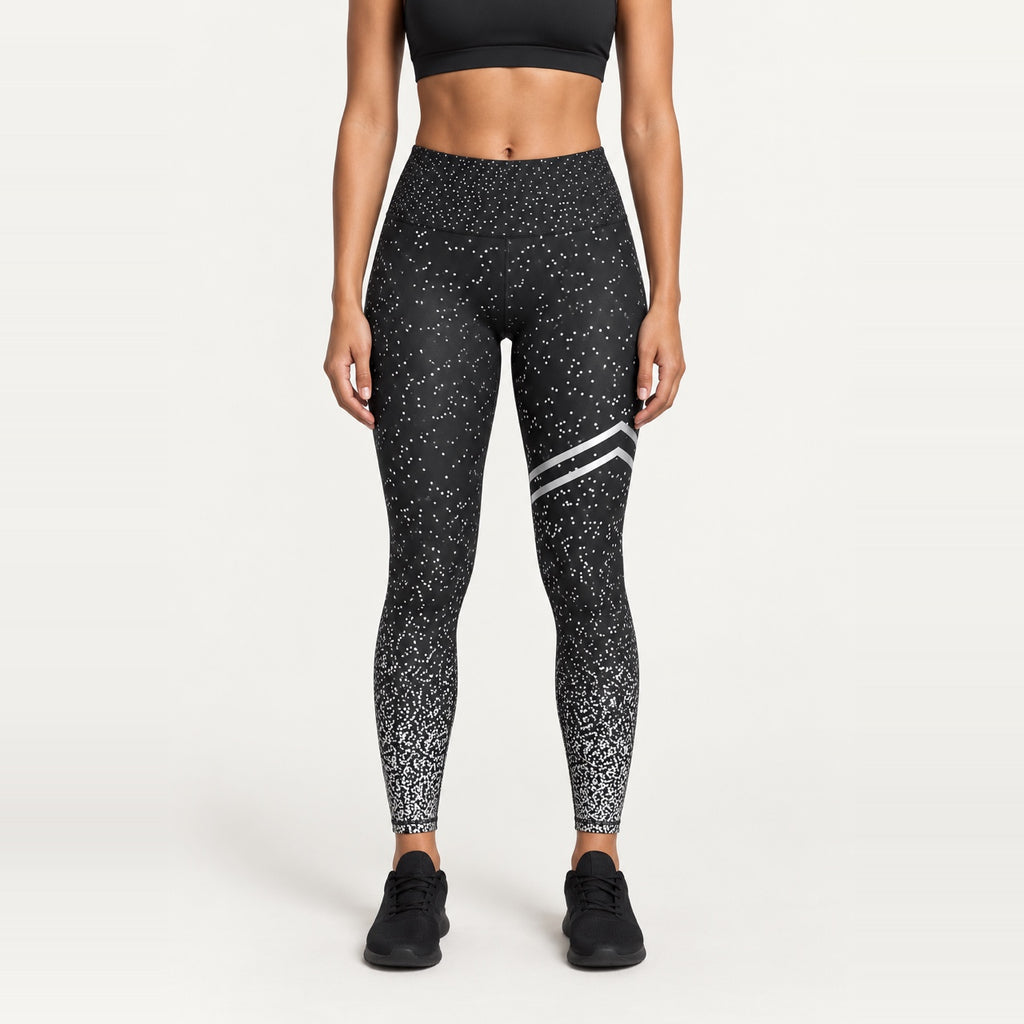 High-Waisted Speckled Leggings with Thigh Stripes - Black