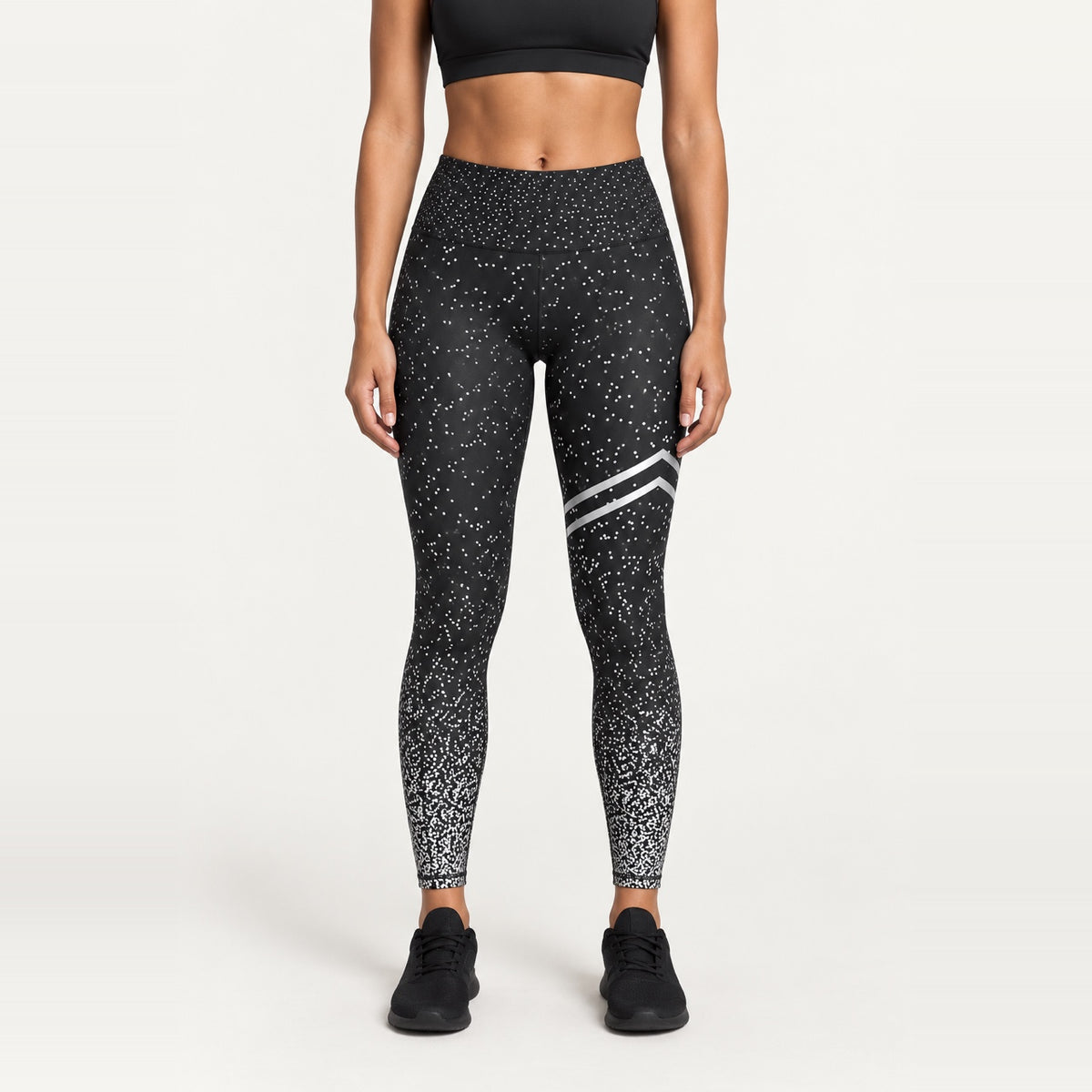 High-Waisted Speckled Leggings with Thigh Stripes - Black