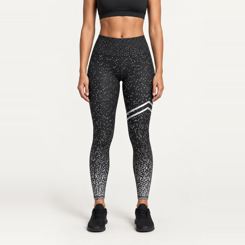 High-Waisted Speckled Leggings with Thigh Stripes - Black
