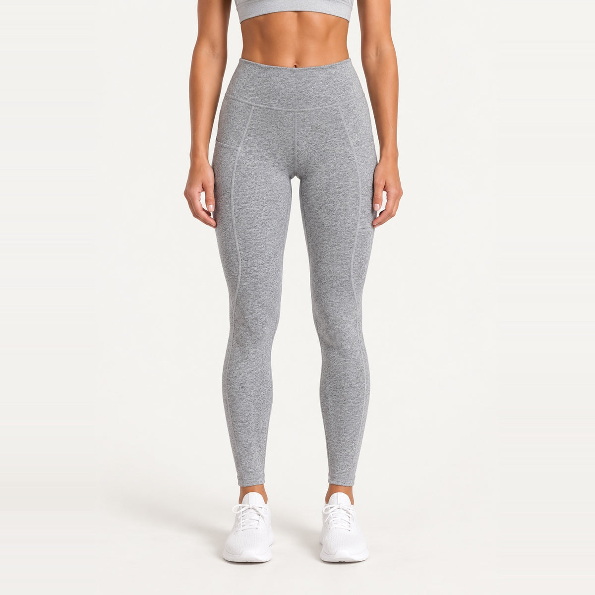 Heathered High-Waisted Leggings with Side Pockets - Light Gray