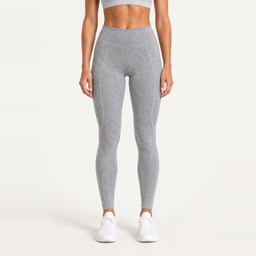 Heathered High-Waisted Leggings with Side Pockets - Light Gray