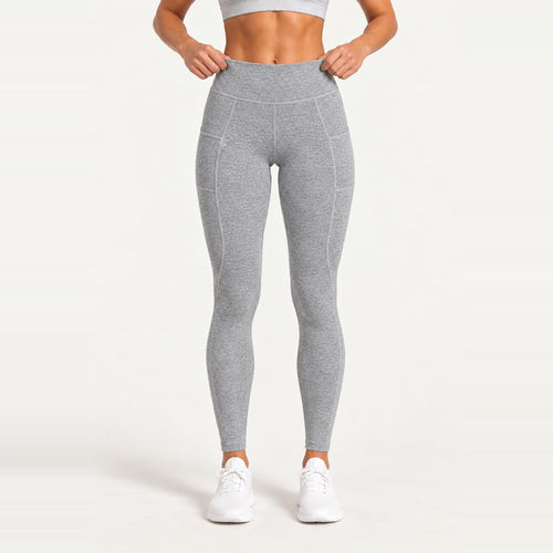 Heathered High-Waisted Leggings with Side Pockets - Light Gray