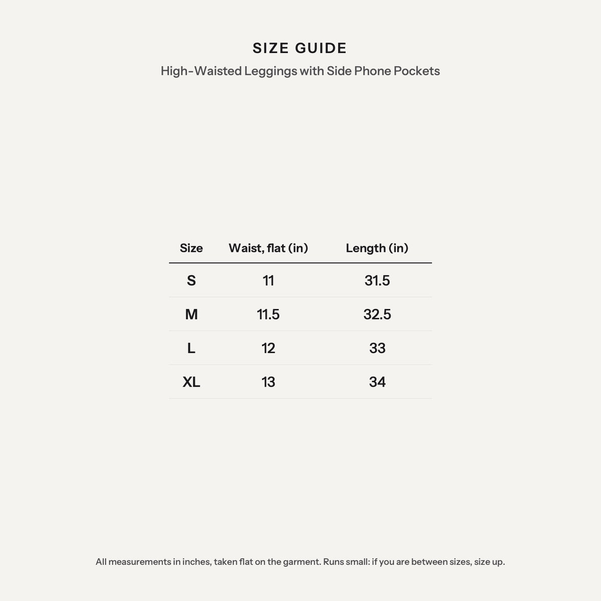 High-Waisted Leggings with Side Phone Pockets - size guide