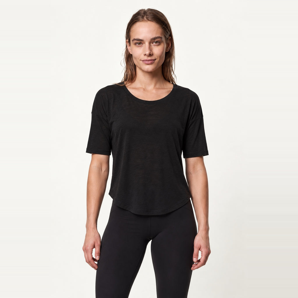 Loose Short Sleeve Top with Open Back - Black