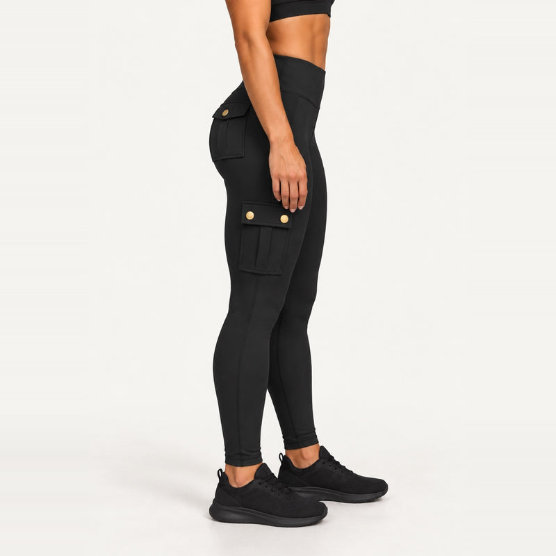 High-Waisted Cargo Leggings with Flap Pockets - Black