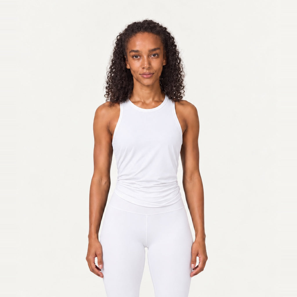 Split-Back Workout Tank with Tie Hem - White