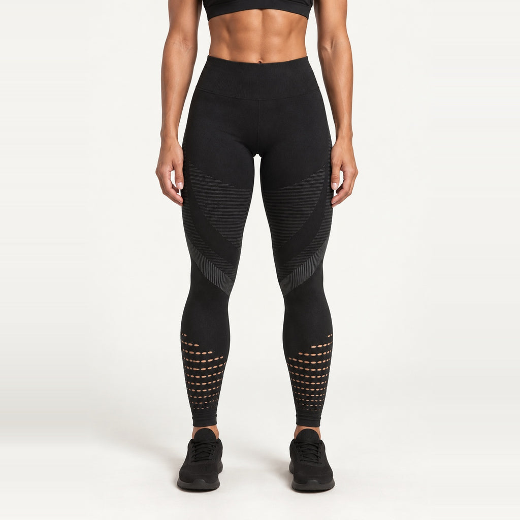 High-Waisted Knit Leggings with Openwork Calves - Black