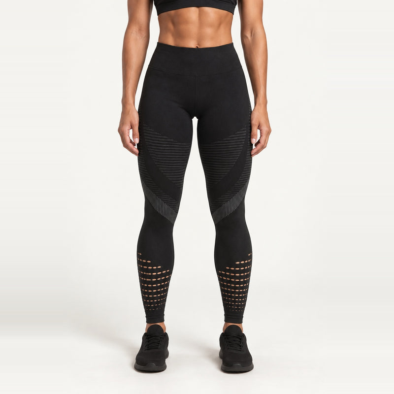 High-Waisted Knit Leggings with Openwork Calves - Black