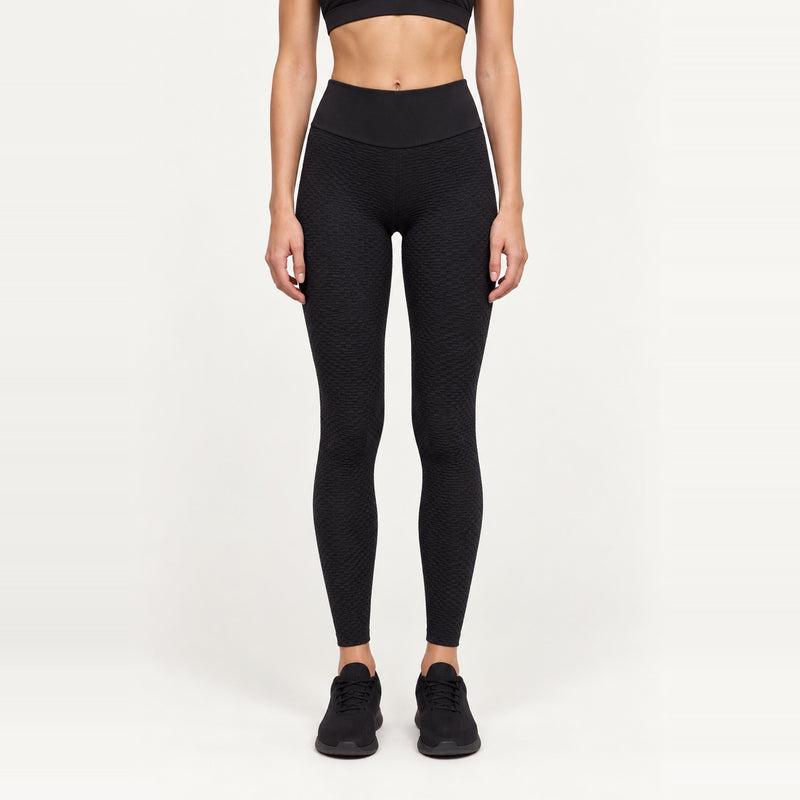 High-Waisted Honeycomb-Texture Leggings - Black