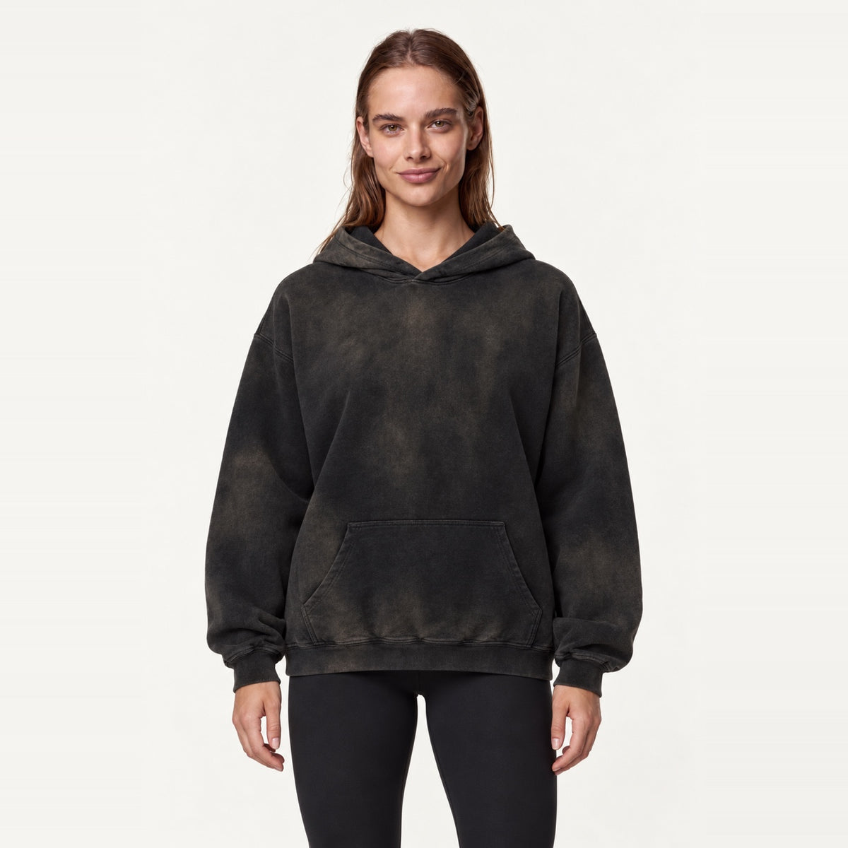 Washed Cotton Hoodie with Kangaroo Pocket - Washed Black