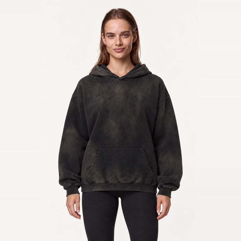Washed Cotton Hoodie with Kangaroo Pocket - Washed Black