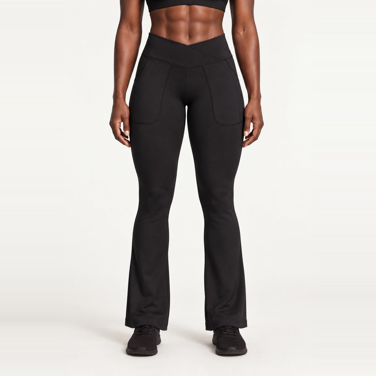 Crossover-Waist Flared Leggings with Side Pockets - Black