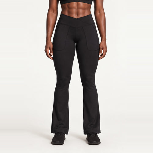 Crossover-Waist Flared Leggings with Side Pockets - Black