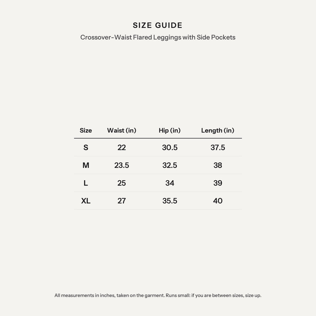 Crossover-Waist Flared Leggings with Side Pockets - size guide