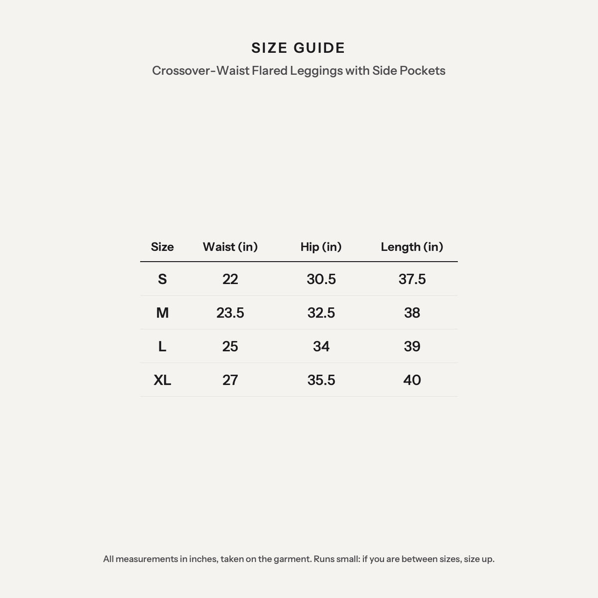 Crossover-Waist Flared Leggings with Side Pockets - size guide