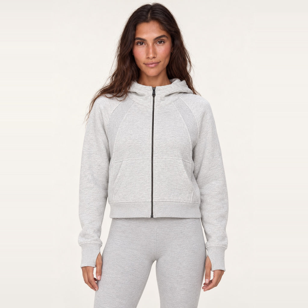 Cropped Zip-Up Hoodie with Thumbholes - Light Gray