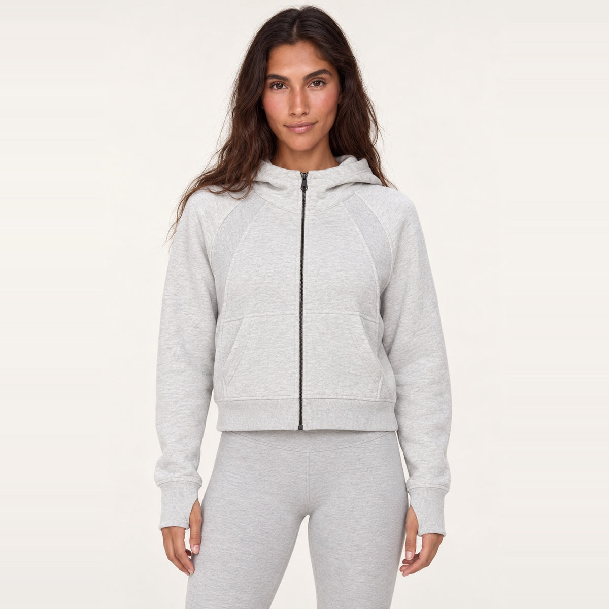 Cropped Zip-Up Hoodie with Thumbholes - Light Gray
