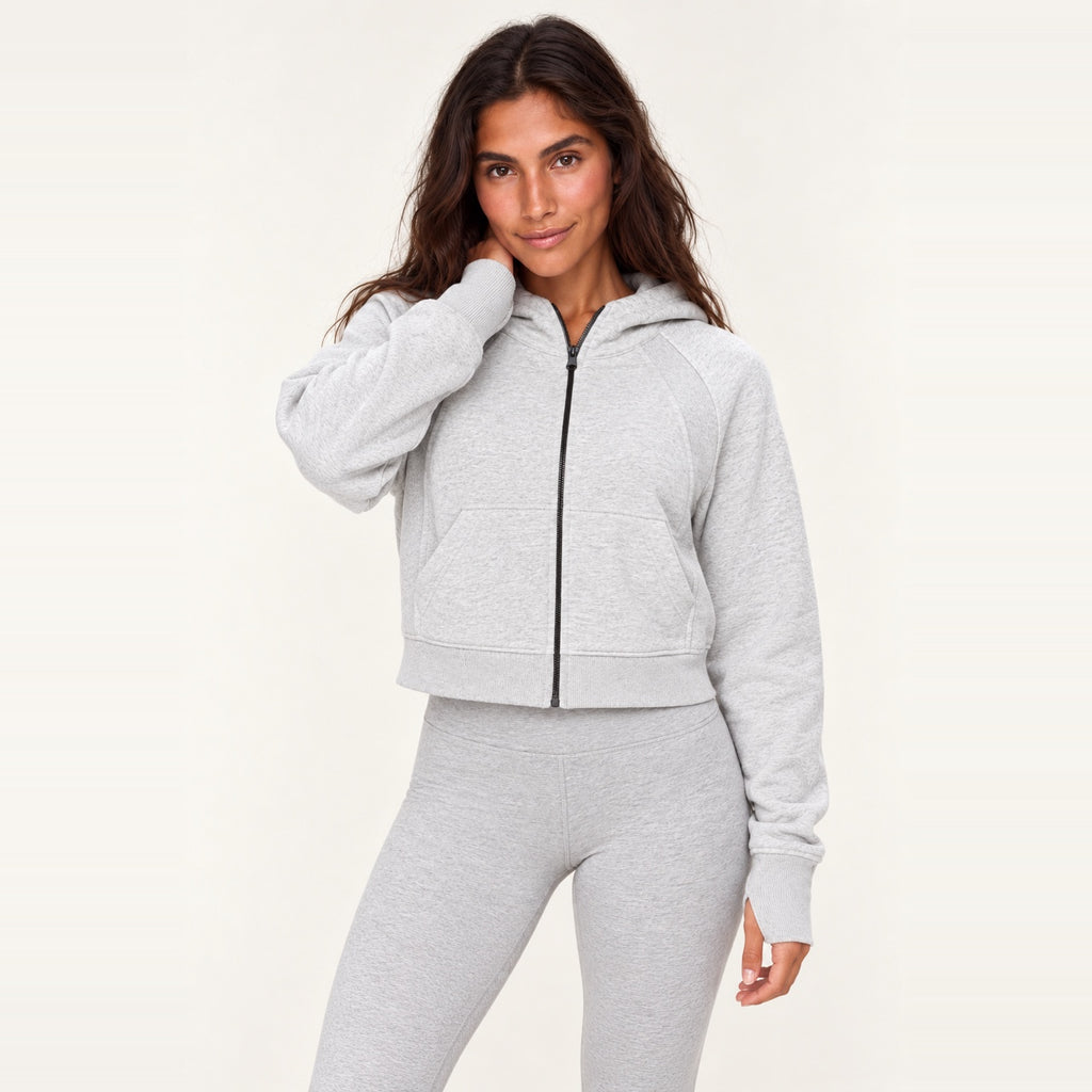 Cropped Zip-Up Hoodie with Thumbholes - Light Gray