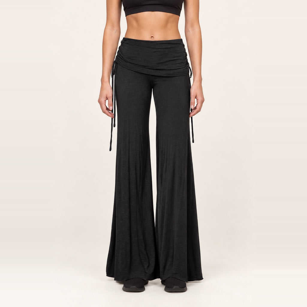 Wide-Leg Dance Pants with Gathered Waist Overlay - Black