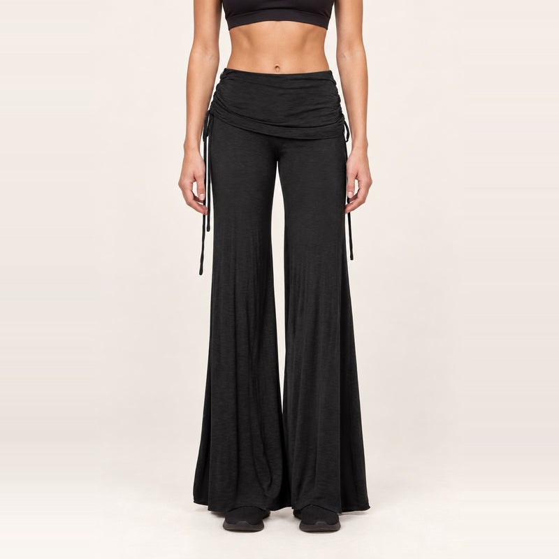Wide-Leg Dance Pants with Gathered Waist Overlay - Black