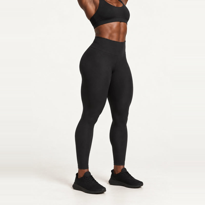 High-Waisted Solid Leggings with Wide Waistband - Black