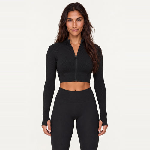 Cropped Zip-Up Jacket with Textured Panels - Black