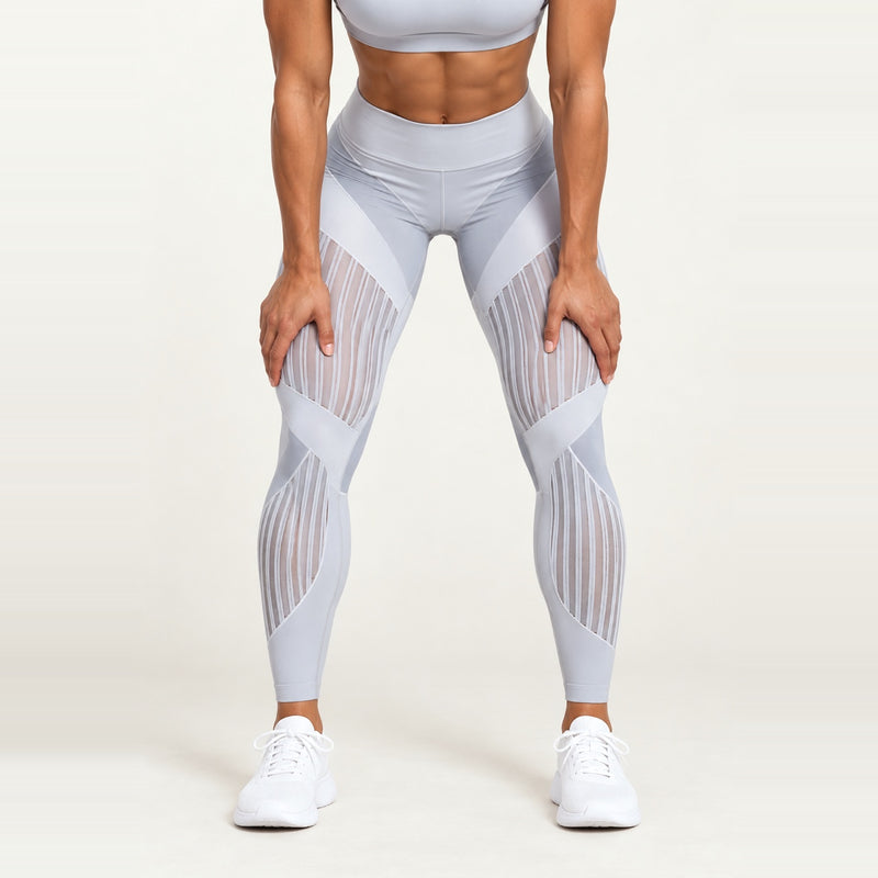 High-Waisted Leggings with Sheer Stripe Panels - Light Gray