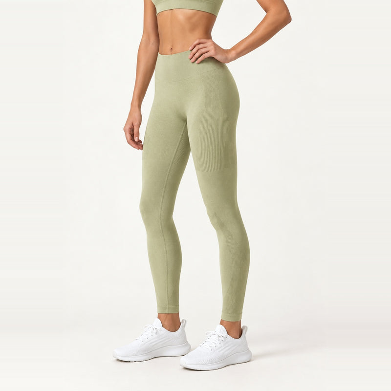 High-Waisted Seamless Leggings with Ribbed Panels - Sage
