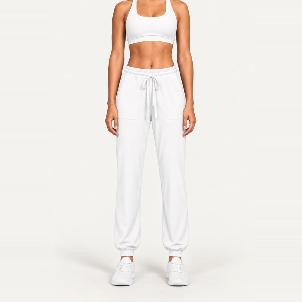 Drawstring Joggers with Side Pockets - White