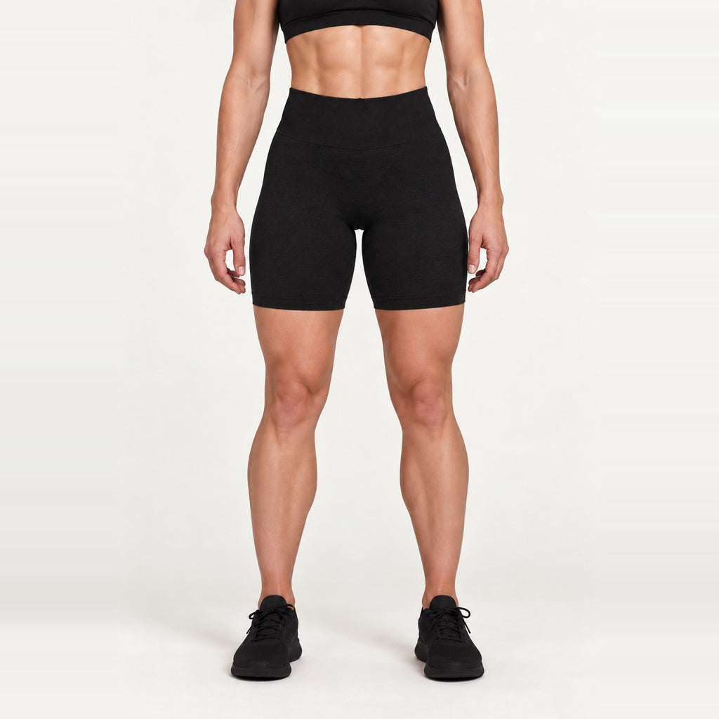 High-Waisted Heathered Biker Shorts - Black