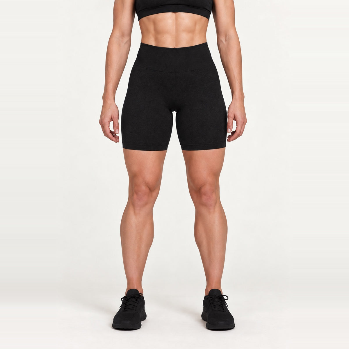 High-Waisted Heathered Biker Shorts - Black
