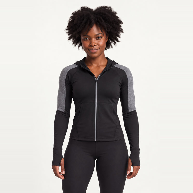 Hooded Workout Jacket with Patterned Sleeve Panels - Gray Black