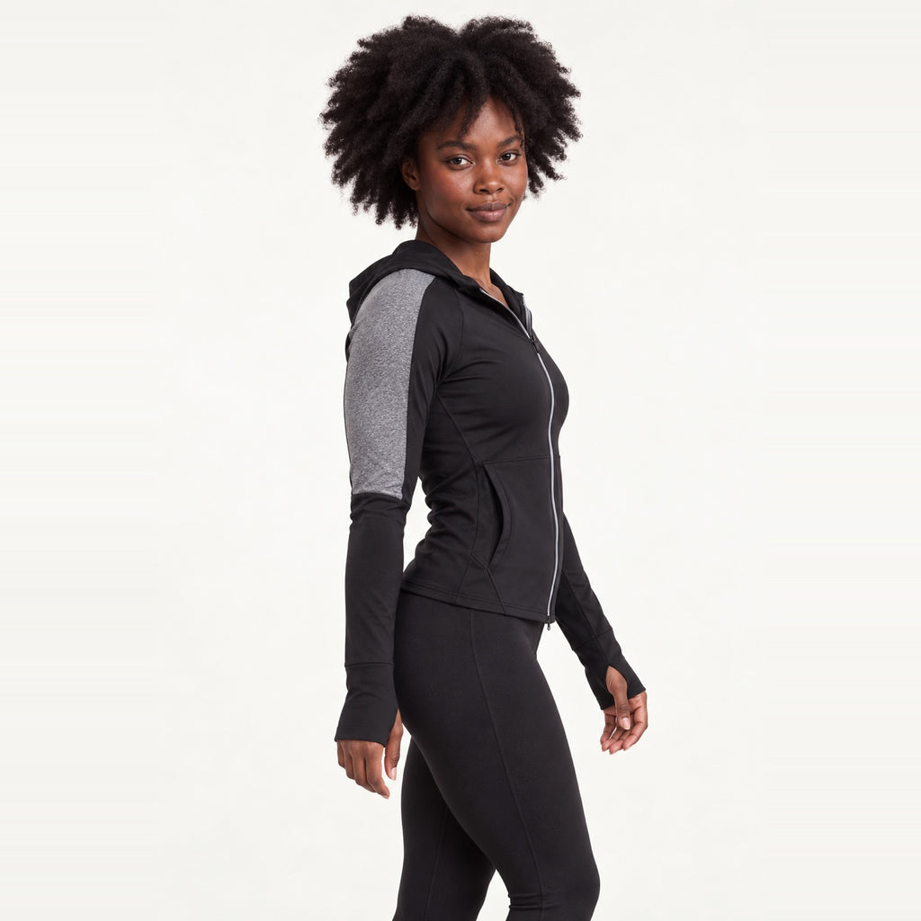 Hooded Workout Jacket with Patterned Sleeve Panels - Gray Black