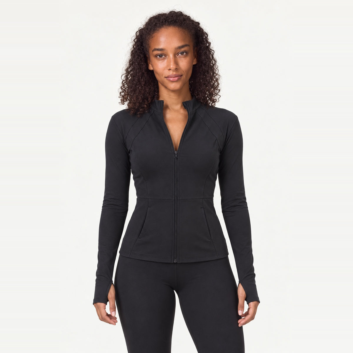 Paneled Zip-Up Workout Jacket with Thumbholes - Black