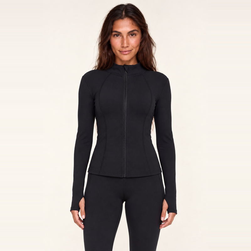 Stand-Collar Workout Jacket with Thumbhole Cuffs - Black