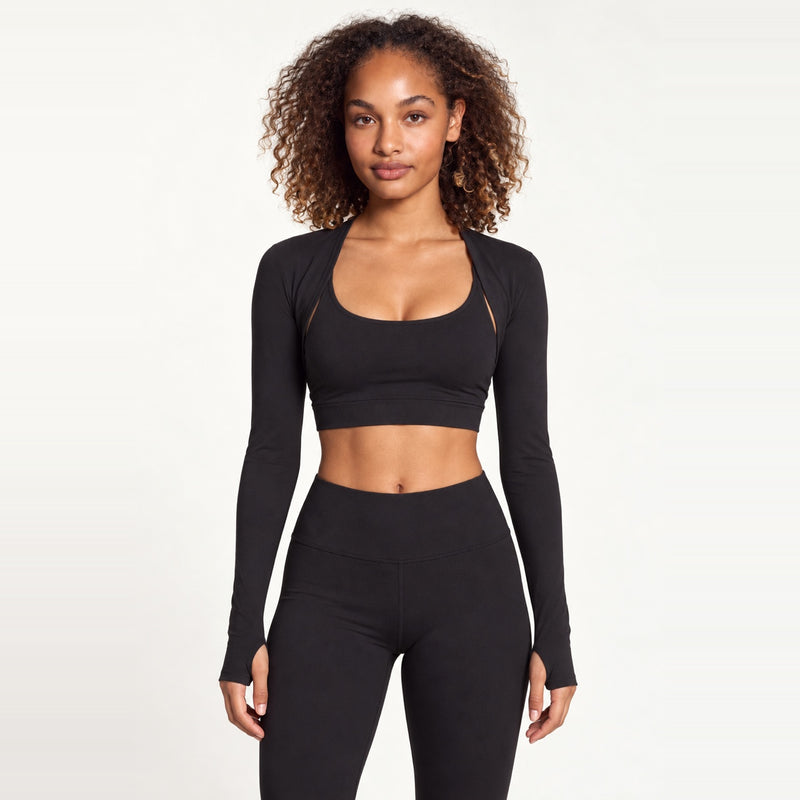 Open-Front Workout Shrug with Long Sleeves - Black