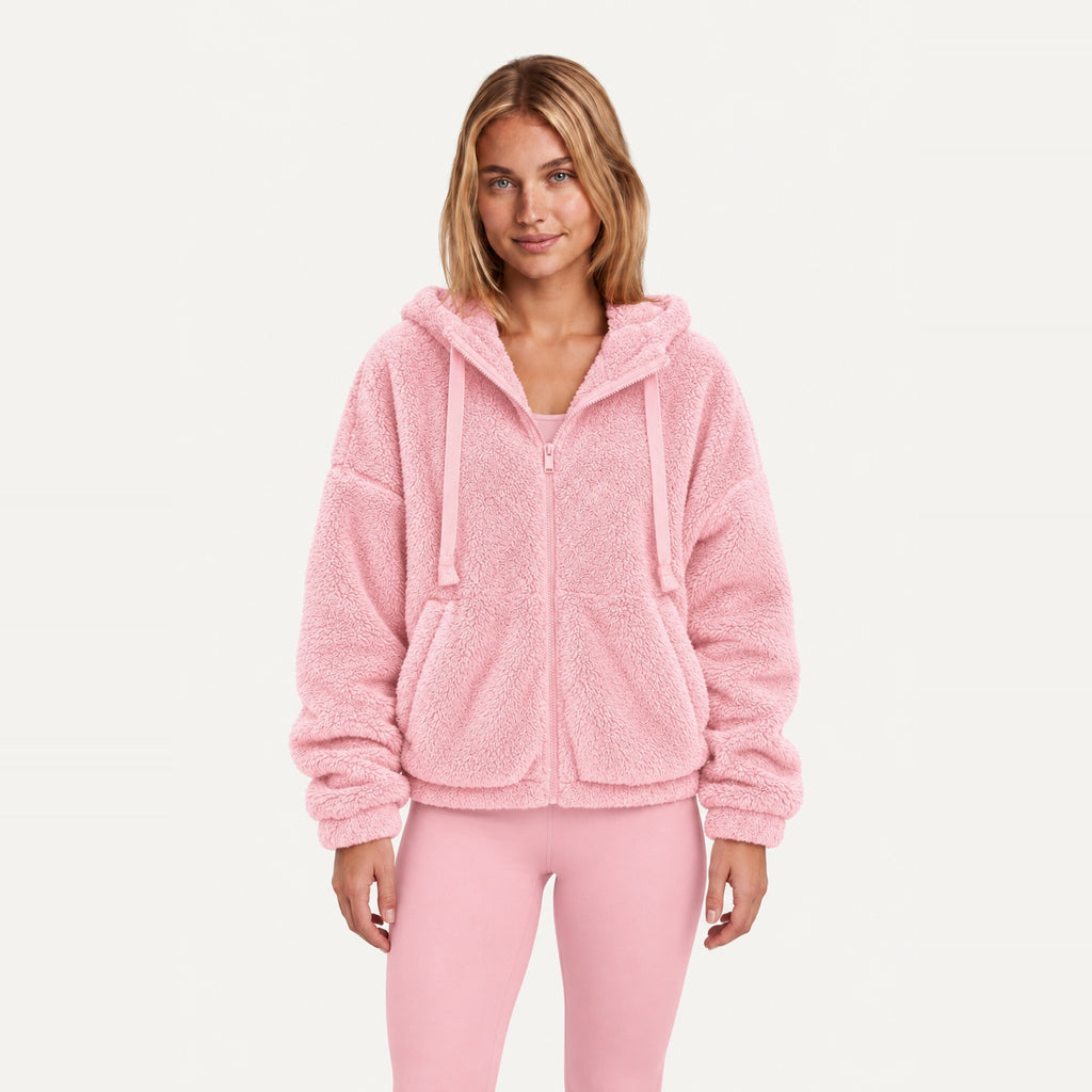 Plush Zip-Up Hoodie with Side Pockets - Pink