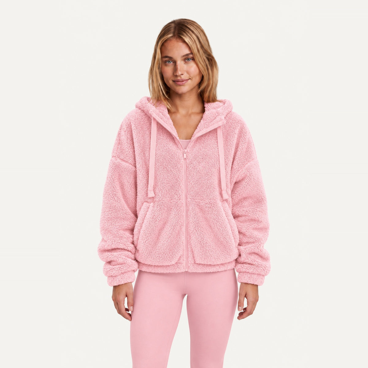 Plush Zip-Up Hoodie with Side Pockets - Pink