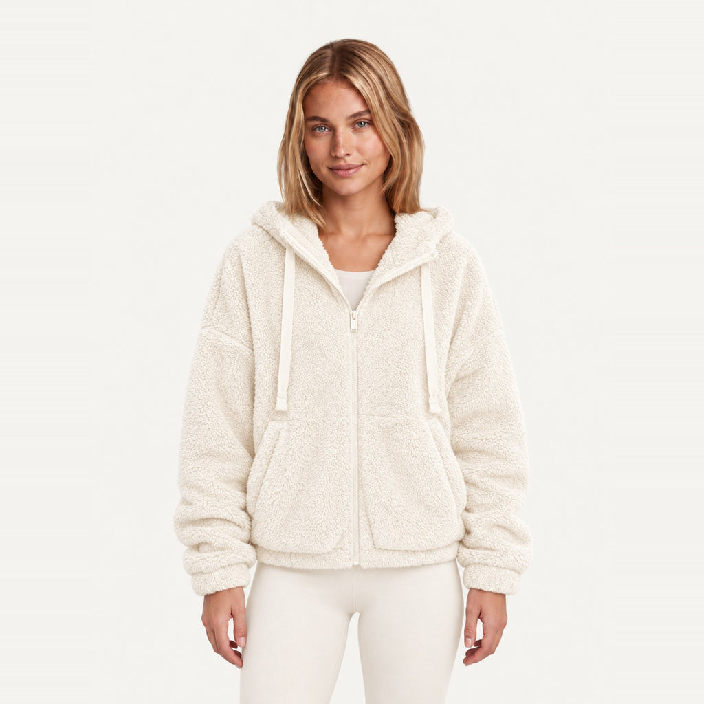 Plush Zip-Up Hoodie with Side Pockets - Ivory