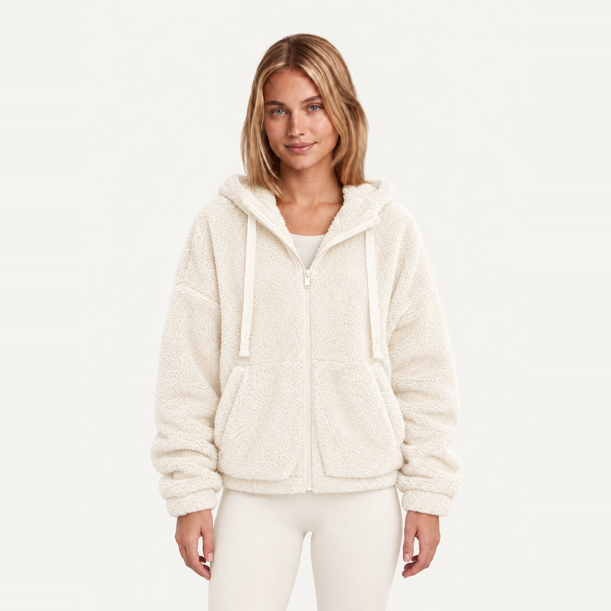 Plush Zip-Up Hoodie with Side Pockets - Ivory