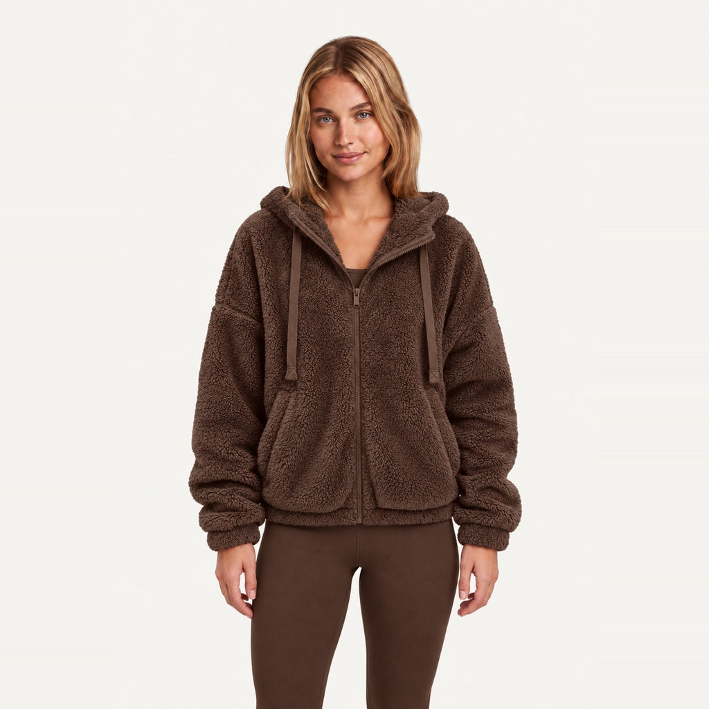 Plush Zip-Up Hoodie with Side Pockets - Brown