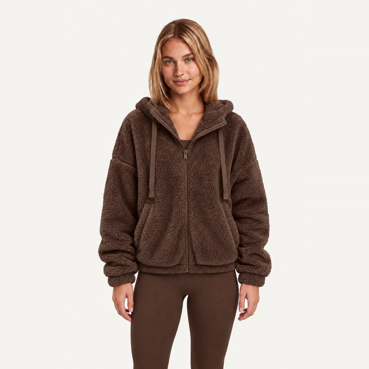 Plush Zip-Up Hoodie with Side Pockets - Brown